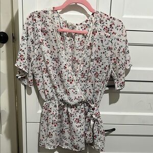 Sienna Sky White and Pink Puff Sleeve Wrap Blouse